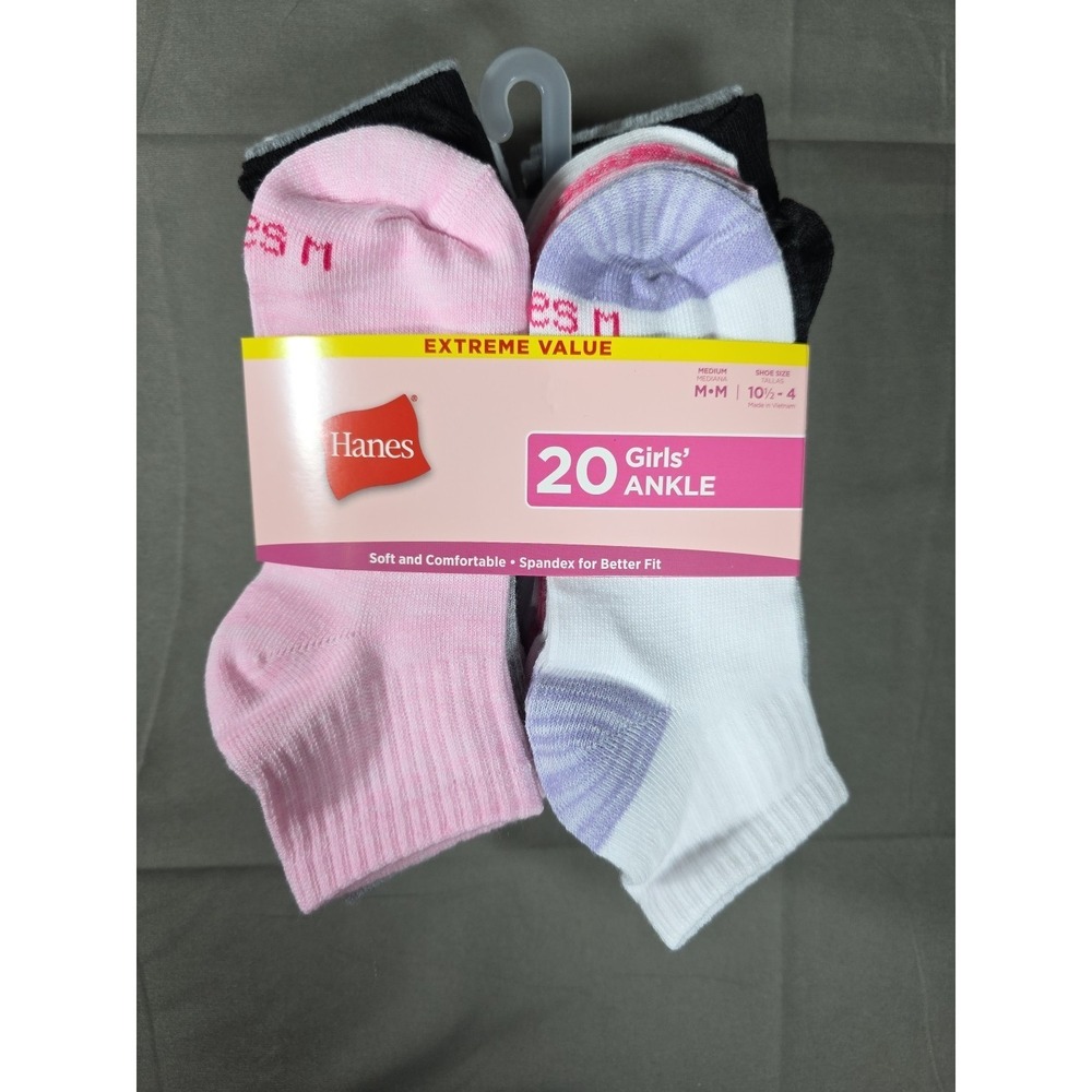 Hanes Girls Ankle Socks Size Medium 20-Pack Great Value! Soft! Comfortable
